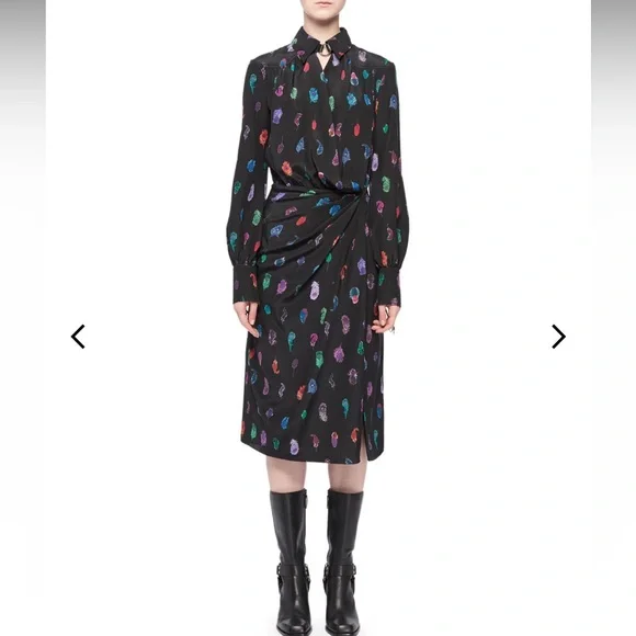 Altuzarra Long-Sleeve Feather-Print Silk Collared Wrap Dress, Black, Women's, 12